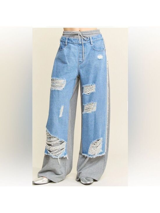 J.Her Pants - Distressed Two-Tone Wide Leg Jeans with Knit Side Panels - Light Blue